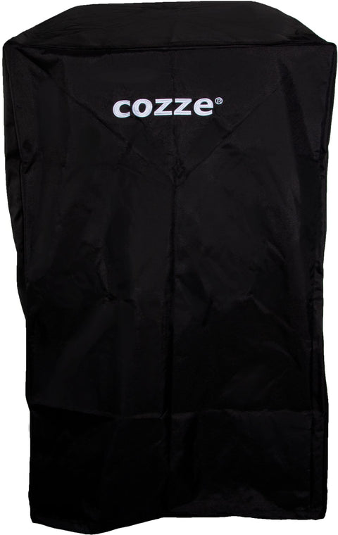 Der Cozze Überzug für Outdoor-Tisch mit Produkt max. Breite 60 ist ein schwarzer Überzug mit weißem "Cozze"-Aufdruck, der wetterfesten Schutz und verlässlichen Schutz für Outdoor-Tische bis zu 60 cm Breite bietet.
