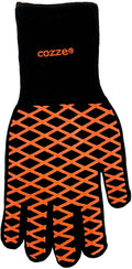 Der Cozze Pizzahandschuh 350°C ist ein schwarzer Handschuh mit orangefarbenem, rautenförmigem Griff und "Cozze"-Logo - perfekt für die sichere Handhabung Ihres Pizzaofens.