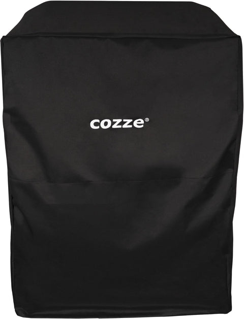 Die Cozze Abdeckung für Aussenküche 90 - schwarz ist eine schwarze Stoffabdeckung mit dem weißen Schriftzug "Cozze" in der Mitte. Sie wurde von Cozze entworfen und passt sicher über rechteckige Aussenküche 90-Geräte, um einen zuverlässigen Schutz im Freien zu bieten.