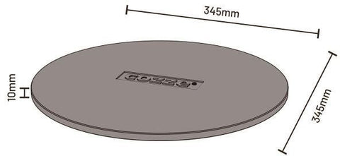 Einfache Abbildung des Cozze Pizzasteins für 13 Zoll Pizzaofen ROTATE, rund, 345mm Durchmesser, 10mm dick, für den Pizzaofen der Marke Cozze. Beschriftete Abmessungen gezeigt.