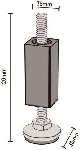 Schema der Cozze Beine für Aussenküche (2 Stück, 110mm) Metall-Nivellierfüße mit Gewindestange, rechteckigem Block und runder Basis-ideale Ersatzbeine für Küchen-Module. Marke: Cozze. Abmessungen: 36mm Breite, 110mm Höhe.