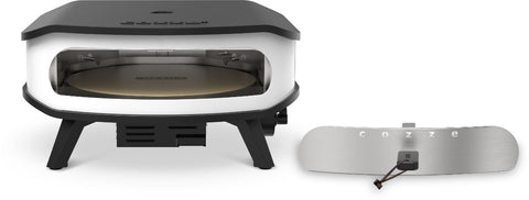 Der Cozze 17 Zoll Pizzaofen, Gas 50mbar, mit rotierendem Pizzastein - CH-Regler ist ein kompakter, moderner schwarz-silberner Ofen mit einer abnehmbaren Edelstahlfront mit der Aufschrift "cozze" und einem sichtbaren rotierenden Pizzastein für perfekte Pizzen.