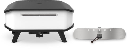 Der Cozze 17 Zoll Pizzaofen (Gas 50mbar) verfügt über einen rotierenden Pizzastein, eine abnehmbare Edelstahlfrontplatte mit der Aufschrift "cozze" und steht auf vier Beinen. Inklusive CH-Regler. Abgebildet in Schwarz und Silber neben der abnehmbaren Frontplatte.