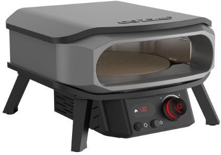 Der Cozze 13 Zoll Pizzaofen PREMIUM ROTATE ist ein kompakter, elektrischer Aufsatzofen (230V, CH-Stecker) mit Frontöffnung, Bedienknöpfen, sichtbarer Steinbackfläche, modernem grau/schwarzem Design, stabilen Beinen - perfekt für den Cozze-Bereich.