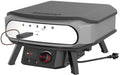 Der Cozze 17 inch Pizzaofen PREMIUM ROTATE, elektrisch 230V (CH-Stecker), besticht durch silberne Front, schwarzes Gehäuse, Temperaturregler und rotierenden Pizzastein. Das "cozze" Logo ist auf der Vorderseite sichtbar.