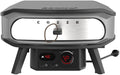 Der Cozze 17 Zoll Pizzaofen PREMIUM ROTATE, elektrisch 230V - CH-Stecker, in schwarz und silber, hat eine digitale Temperaturanzeige, einen Drehregler, einen drehbaren Pizzastein, einen Temperaturfühler an der Vorderseite und ein seitliches Netzkabel.