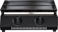 Die schwarze Cozze G-400 Plancha, Gas 50mbar - CH-Regler von Cozze ist eine kompakte Tisch-Gasgrillplatte für den Balkon. Sie verfügt über zwei Bedienknöpfe an der Vorderseite, die mit "low" bis "high" beschriftet sind, und eine flache Kochfläche mit "Cozze" auf jedem Knopf.