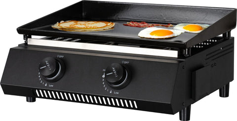 Die Cozze G-400 Plancha, Gas 50mbar - CH-Regler von Cozze ist eine schwarze Tischgrillplatte mit zwei Bedienknöpfen, ideal zum Kochen von Pfannkuchen, Speck und Eiern auf ihrer kompakten Plancha-Oberfläche.