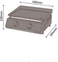 Eine Zeichnung der Cozze G-400 Plancha, Gas 50mbar - CH-Regler Tischgrill von Cozze, mit zwei Bedienknöpfen und den Maßen 490mm x 484mm x 235mm-ideal als Gasgrill Balkon Lösung.