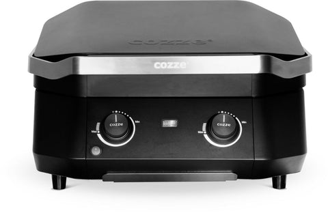 Der schwarze Cozze E-500 Grill (elektrisch, 230V, CH-Stecker) überzeugt mit Zwei-Zonen-Technik, geschlossenem Deckel, zwei Bedienknöpfen, digitaler Anzeige und Edelstahl-Akzent - ideal für das Grillen auf dem Balkon.