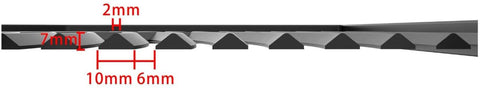 Seitenansicht der schwarz gerillten Oberfläche des Cozze E-500 Grills von Cozze (elektrisch 230V, CH-Stecker): dreieckige, rot beschriftete Rillen - Steghöhe 7 mm, Abstand 10 mm, Stegbreite 6 mm, Rillentiefe 2 mm; ideal für Balkongrills mit Zwei-Zonen-Technik.