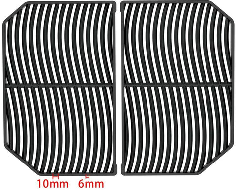 Zwei schwarze, rechteckige Grillplatten mit geschwungenen Linien und einer zentralen Trennwand - perfekt als Ersatzteil für Ihren Cozze G-500 Grill, Gas 50mbar - CH-Regler von Cozze. Gekennzeichnet mit "H 10mm" und "6mm".