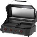 Der Cozze G-800 COMBO Plancha-Grill von Cozze ist ein moderner schwarzer Outdoor-Grill mit 3 Brennern, drei roten Bedienknöpfen, einem digitalen Display und einem offenen Deckel, der sowohl Plancha- als auch Grillflächen für vielseitiges Kochen offenbart.