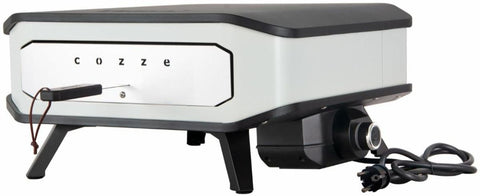 Der Cozze 17 Zoll Pizzaofen, elektrisch V230 mit CH-Stecker und Cordierit-Pizzastein, von der Marke Cozze, steht mit schwarzem Gestell und Stromkabel vor weißem Hintergrund.