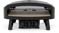 Frontansicht des Cozze Pizzaofen - Black Edition [24 Zoll], ein Gas-Tischbackofen mit zwei Bedienknöpfen, Edelstahl-Brenner und Steinoberflächen. Der geräumige Innenraum ist sichtbar, und er steht auf vier Beinen. Marke: Cozze.