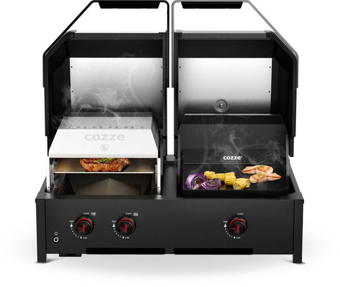 Der Cozze Grill Quattro 900 von Cozze verfügt über zwei offene Fächer: Die linke Seite dient als Pizzaofen, während die rechte Seite einen Infrarotbrenner zum Grillen von Garnelen, Mais und roten Zwiebeln nutzt. Beide haben einen Dampfaufstieg und Temperaturregler unten.