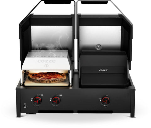 Der Cozze Grill Quattro 900, Gas, 50mbar - CH-Regler von Cozze verfügt über zwei Pizzafächer - ein offenes zum Backen mit aufsteigendem Rauch, ein geschlossenes - und drei rote Bedienknöpfe an der Vorderseite für eine stilvolle, präzise Pizzabearbeitung.