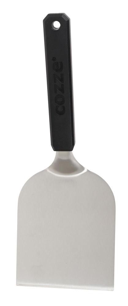 Der Cozze Grillspachtel [36 cm] ist ein Pizzaspachtel aus rostfreiem Stahl mit einer flachen, rechteckigen Klinge und einem schwarzen Griff mit dem Markennamen Cozze.