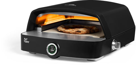 Der Burnhard Fat TONY Gas-Pizzaofen in Schwarz verfügt über eine digitale Temperaturanzeige und eine Innenheizung, die eine Pizza im Inneren backen lässt.
