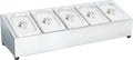 Die Cozze Pizza Topping Station Edelstahl von Cozze ist eine Edelstahleinheit mit fünf rechteckigen Edelstahl-GN-Behältern mit Deckel, die jeweils über einen runden Griff verfügen und sich ideal zum Aufbewahren und Ordnen von Pizzazutaten eignen.