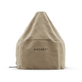 Eine beigefarbene, kegelförmige Gozney Abdeckhaube für Dome 2.0 Kurz mit "GOZNEY"-Logo auf der Vorderseite, entworfen für den Dome Gen 2 von Gozney, vor einem schlichten weißen Hintergrund.
