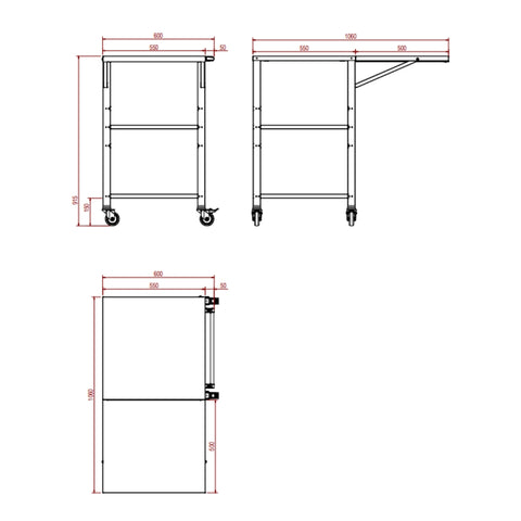 Die technische Zeichnung des Tischs für EffeUno-Pizzaöfen der P134-Serie, einem vielseitigen Metallwagen von EffeUno, zeigt eine Draufsicht von 600 mm x 1000 mm. Er verfügt über klappbare Verlängerungen und Regale und ist somit ideal für Öfen der P134-Serie. Detaillierte Maße sind rot markiert.