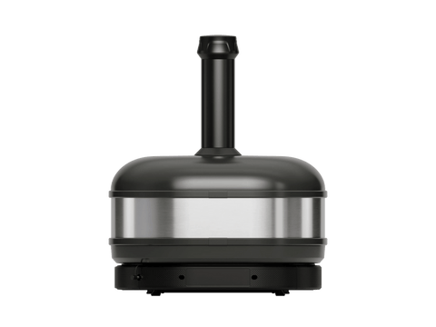 Der Gozney Dome Gen 2 Pizzaofen - Hybrid Brennstoffsystem von Gozney verfügt über ein modernes zylindrisches Design mit einem schwarzen Sockel, einem Mittelteil aus rostfreiem Stahl und einem vertikalen Schornstein - perfekt für Ihre Outdoor-Küche, hier abgebildet auf einem schlichten weißen Hintergrund.