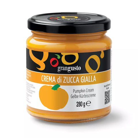 Ein 280 g Glas Crema di Zucca Gialla, auch Kürbiscreme genannt, von Grangusto stammt aus Piana del Sele. Es verfügt über ein einfaches gelb-schwarzes Design mit einer Kürbisillustration.