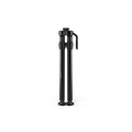 Ein schwarzes zylindrisches Objekt steht aufrecht vor einem weißen Hintergrund und ähnelt einem kompakten Gozney Venture Gestell & Ständer für Tread. Sein minimalistisches Design verfügt über einen Griff an einer Seite und drei verstellbare Beine, ideal für schnelle Anpassungen bei jedem Abenteuer.