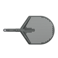 Der schwarze Gozney Venture Aluminium-Pizzaheber mit perforiertem Rundpaddel und langem Griff eignet sich perfekt zum Bewegen von Pizzen in und aus mobilen Pizzaöfen.
