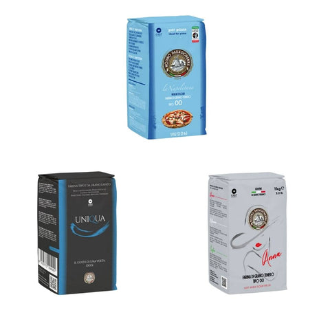 Das Molino Dallagiovanna Probier-Set enthält drei aufrechte Beutel – blau, schwarz und weiß – ideal für Backbegeisterte, die das italienische Premiummehl von Molino Dallagiovanna probieren möchten.