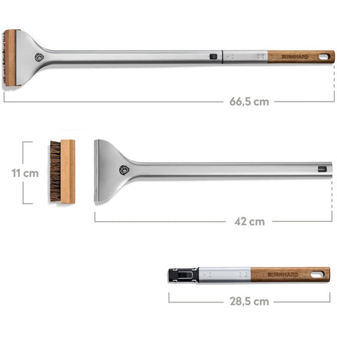 Masse der Burnhard Pizzaofen-Bürste: 66,5 cm, 42 cm, 28,5 cm, 11 cm