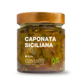 Ein Glas Bio Sizilianische Caponata der Marke Convivia mit goldenem Deckel. Das Etikett hebt die Verwendung biologischer Zutaten hervor und macht es ideal für Liebhaber italienischer Küche. Im Inneren finden Sie ein traditionelles sizilianisches Auberginengericht, das den authentischen sizilianischen Geschmack einfängt.