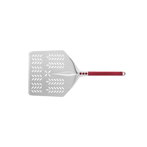 Die Cerutti Inox Tulip 60° Pizzaschaufel quadratisch perforiert 33x33cm von Cerutti Inox, hergestellt aus eloxiertem Aluminium mit einer breiten, flach gelochten Klinge und rotem Griff, steht auf einem weißen Hintergrund.