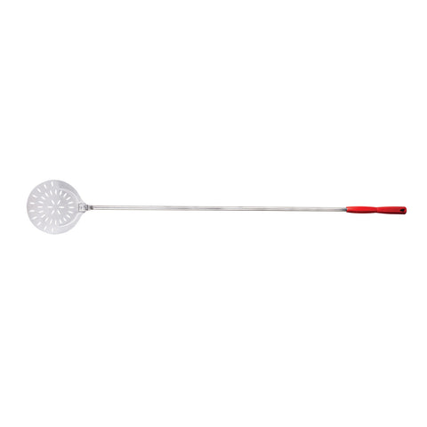 Der Cerutti Inox Pizzawender rund perforiert 18cm ist ein Metallschöpfer mit einem 18 cm großen, runden, perforierten Kopf und rotem Griff, perfekt zum sicheren Herausheben von Speisen aus heißen Flüssigkeiten oder Fritteusen.