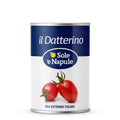 Eine 400-g-Dose O Sole e Napule Datterino-Tomaten bringt authentischen mediterranen Geschmack in Ihre Rezepte - achten Sie auf das blau-weiße Etikett von O Sole e Napule.