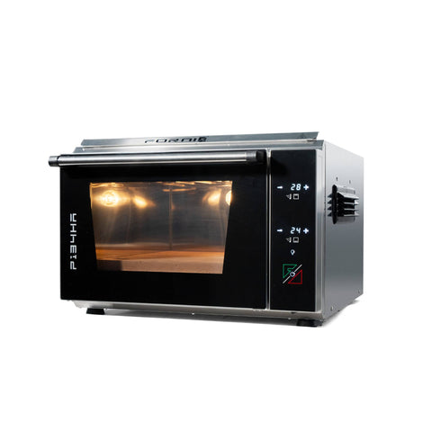 Der Pizzaofen EffeUno P134HA PRO 509°C, hergestellt in Italien, besticht durch sein Edelstahldesign mit Glastür und Digitalanzeige für Temperatur- und Zeiteinstellungen. Die leicht zugänglichen Bedientasten und der gut beleuchtete Innenraum unterstreichen die makellose Backkammer – ideal für jedes Pizzaerlebnis.