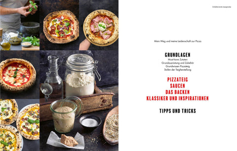 Links eine Collage aus Pizzen, Zutaten und Teigzubereitung, rechts deutscher Text mit fettgedruckten rot-schwarzen Überschriften zu „Pizza Passion“ (Sven Teichmann) von Teichners – mit Grundlagen, Teig, Soßen, Backtipps und Inspiration auf Weiß.