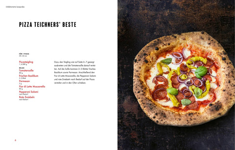 Eine Pizza Passion von Sven Teichmann von Teichners liegt auf dunklem Untergrund, belegt mit Peperoni, roten Zwiebeln, Basilikum und Mozzarella. Ihr goldbrauner, luftiger Boden zeugt von echter Pizza-Expertise. Das Rezept finden Sie auf der linken Seite.