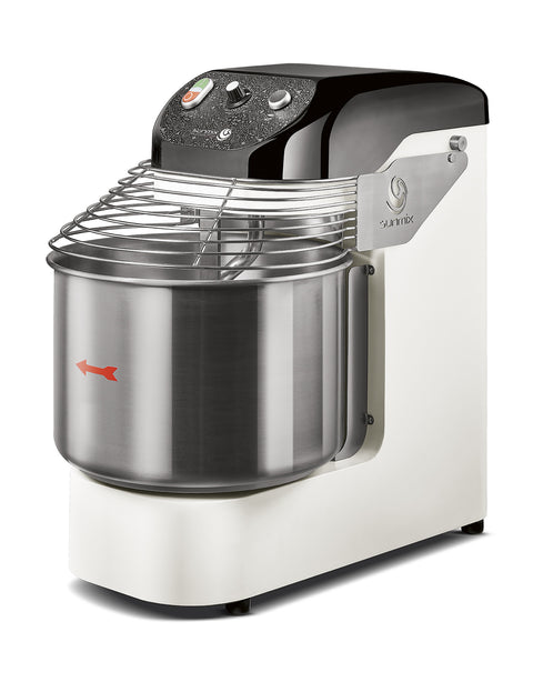 Die Spiralknetmaschine SUNMIX Easy Line 6, eine professionelle Küchenmaschine von Sunmix, verfügt über eine Edelstahlschüssel und einen Schutzgitter aus Draht. Ihr elegantes, modernes Design in Weiß und Schwarz umfasst ein Bedienfeld mit Knöpfen und Drehreglern auf der Oberseite, perfekt für jede Küche, in der hohe Leistung gefragt ist.