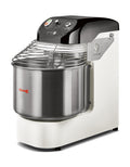 Die Spiralknetmaschine SUNMIX Easy Line 6 ist eine professionelle Küchenmaschine mit einer Edelstahlschüssel und einem Schutzgitter. Sie hat ein schwarz-weißes Gehäuse mit drei Bedienknöpfen auf der Oberseite. Der rote Pfeil auf der Schüssel zeigt die Drehrichtung an, sodass sie sich perfekt für jede Küche eignet.