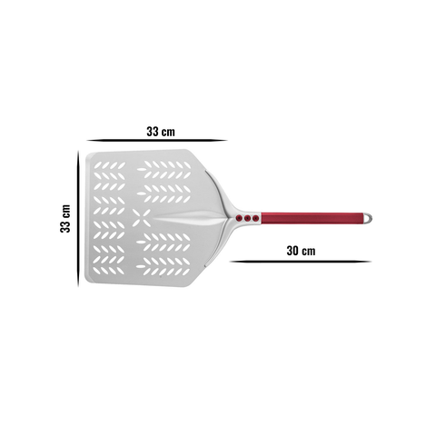 Die Cerutti Inox Tulip 60° Pizzaschaufel quadratisch perforiert (33x33 cm) aus eloxiertem Aluminium mit rotem Griff (30 cm), von Cerutti Inox, ist auf weißem Hintergrund mit Maßangaben abgebildet.
