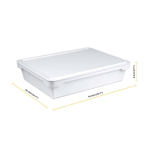 Ein weißer rechteckiger Aufbewahrungsbehälter mit Deckel, ideal für die Ooni Pizzateigboxen (2er Set) von Ooni. Die Maße des Behälters sind mit gelben Maßlinien markiert: Länge 42,5 cm (16,7 Zoll), Breite 37,5 cm (14,8 Zoll) und Höhe 15 cm (5,9 Zoll).