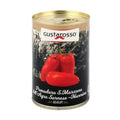 Eine Dose San Marzano DOP Tomaten GUSTAROSSO 400g. Das Etikett zeigt ein Bild reifer San Marzano DOP Tomaten vor schwarzem Hintergrund. Der Text lautet „Pomodoro S. Marzano dell'Agro Sarnese-Nocerino D.O.P.“ – ein italienisches Produkt von höchster Qualität.