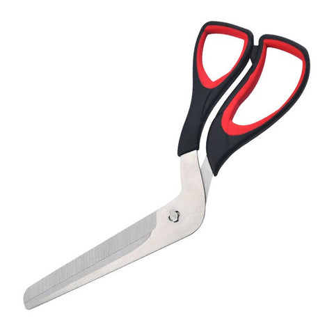 Ein Paar versetzte Pizzalovers Pizzascheren aus Edelstahl mit roten und schwarzen ergonomischen Griffen aus widerstandsfähigem Polymer und silbernen Klingen aus Edelstahl. Das Design zeichnet sich durch eine einzigartige abgewinkelte Form aus, die einen bequemen Griff und eine einfachere Schneidebewegung ermöglicht. Die Klingen sind scharf und haben eine glatte, präzise Kante.