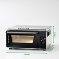 Auf weißem Hintergrund ist der Pizzaofen Effeuno P134H 509°C Evolution mit Biscotto Pizzastein abgebildet, der ein elegantes Metalldesign aufweist. Dieser Ofen, der perfekt für neapolitanische Pizzaqualität geeignet ist, verfügt über eine durchsichtige Vordertür und ein digitales Bedienfeld auf der rechten Seite. Die Maße in Grün sind angegeben: Höhe 30 cm, Breite 55 cm und Tiefe 56 cm. Die Marke des Ofens ist Effeuno.