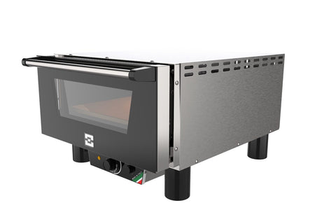 Ein moderner Effeuno Pizzaofen Effeuno N3 inkl. Biscotto Pizzastein 2024 mit Edelstahlgehäuse, schwarzer Frontplatte und Glastür. Die Bedienknöpfe und Kontrollleuchten sind unter der Tür sichtbar und das Gerät steht auf vier stabilen Beinen. An der Seite befinden sich Lüftungsschlitze für eine effiziente Kühlung.