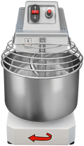 Der Famag Grilletta IM 5 Spiralkneter 10V HH, ein großer, metallischer Industrie-Standmixer von Famag Grilletta, verfügt über ein Bedienfeld mit deutlich erkennbaren roten und schwarzen Tasten. Er wurde speziell für den professionellen Einsatz entwickelt und verfügt über einen Schutzdraht über der Rührschüssel. Er ist auf einem weißen Sockel montiert, der mit einem roten Pfeil nach links verziert ist.