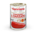 Eine Dose La Fiammante San Marzano Tomaten DOP (400g) wird ausgestellt. Auf dem Etikett steht „Pomodoro S. Marzano dell'Agro Sarnese Nocerino DOP“ und es ist eine Tomate abgebildet. Perfekt für authentische neapolitanische Pizza, das Etikett enthält außerdem die Worte „Gourmet“ und „100% italiano“.