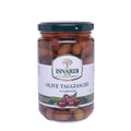 Ein Glas Isnardi Olive Taggiasche mit grünem Deckel und weißem Etikett mit Baumlogo. Auf dem Etikett sind der Produktname und die glutenfreie Angabe sowie ein Bild von Oliven zu sehen. Perfekt für authentische ligurische Rezepte. Das Nettogewicht beträgt 310 Gramm.